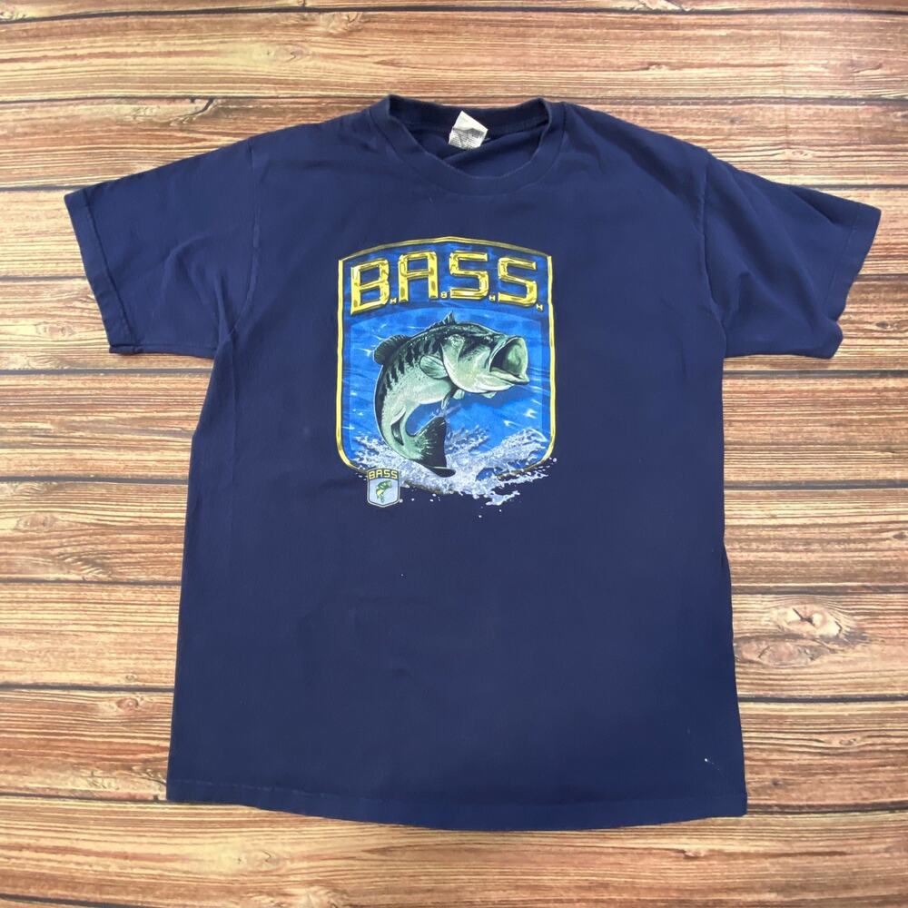 Fishing T-Shirt Bass Navy Blue L Men Fish Graphic Ocean Sport 100% Cotton